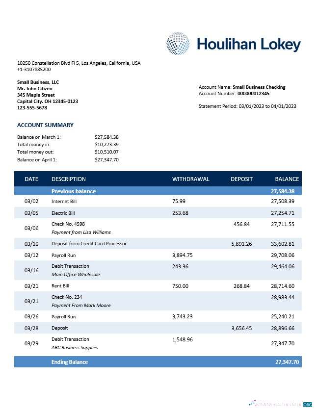 Houlihan Lokey Inc Bank company checking account statement Word and PDF template